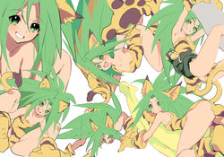  animal_ears animal_hands animal_print ass banana breasts cham_cham commentary_request eyes_visible_through_hair female food fruit gabu_(az210309) gloves green_eyes green_hair long_hair looking_at_viewer monkey multiple_views open_mouth orange_gloves paku_paku paw_gloves samurai_spirits simple_background small_breasts smile tail tiger_print white_background 