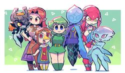  6+girls absurdres belt blue_eyes blue_skin cape colored_sclera colored_skin commentary_request dress fi_(zelda) green_hair green_shirt green_shorts highres jaggy_lines kokiri looking_at_viewer malon medli midna mipha monster_girl multiple_girls orange_hair princess_ruto rariatto_(ganguri) red_eyes red_skin rito saria_(zelda) shirt shorts the_legend_of_zelda the_legend_of_zelda:_breath_of_the_wild the_legend_of_zelda:_ocarina_of_time the_legend_of_zelda:_skyward_sword the_legend_of_zelda:_the_wind_waker the_legend_of_zelda:_twilight_princess triforce white_shirt yellow_eyes yellow_sclera zora 