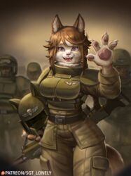  animal_ears animal_ears_helmet blue_eyes breasts brown_hair fangs felinid female furry furry_female helmet lasgun medium_breasts military military_uniform sgt_lonely smile solo_focus tail uniform warhammer_40k waving 