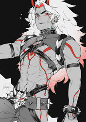  1boy abs arataki_itto belt bracelet chest_harness chest_tattoo cowboy_shot earrings genshin_impact harness heart highres horns jewelry long_hair looking_at_viewer male_focus nipples oni open_mouth pants partially_colored pectorals red_eyes simple_background smile solo spiked_bracelet spikes standing tattoo tied_sleeves vizerothree 