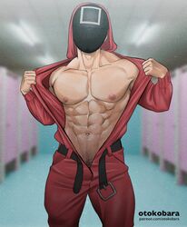  1boy abs artist_name bara bare_pectorals belt belt_buckle black_belt black_mask buckle commentary english_commentary highres hood hood_up hooded_jumpsuit hwang_jun-ho jumpsuit large_pectorals male_focus male_pubic_hair manager_(squid_game) mask muscular muscular_male navel nipples open_belt open_clothes open_jumpsuit otokobara patreon_username pectorals pubic_hair red_jumpsuit solo squid_game 