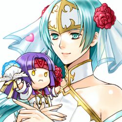  2girls artist_request bad_source bare_shoulders bouquet bridal_veil bride chibi dress earrings fire_emblem fire_emblem:_path_of_radiance fire_emblem_heroes flower green_eyes green_hair hair_flower hair_ornament headband heart hug jewelry multiple_girls pegasus_knight_uniform_(fire_emblem) purple_hair resized robe rose sanaki_kirsch_altina sanaki_kirsch_altina_(bridal) sigrun_(bridal)_(fire_emblem) sigrun_(fire_emblem) strapless strapless_dress upscaled veil waifu2x wedding wedding_dress white_dress yellow_eyes 