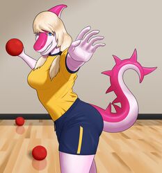  2023 anthro ass athletic_wear blonde_hair blue_eyes bottomwear breasts bubble_butt cavemanon_studios clothing curvy_figure detailed_background digital_drawing_(artwork) digital_media_(artwork) dinosaur dodgeball extinct eyelashes female fingers gym gym_bottomwear gym_shorts gymnasium hadrosaurid hair hi_res i_wani_hug_that_gator inside long_hair long_tail looking_at_viewer magenta_body magenta_scales mia_moretti multicolored_body multicolored_scales ornithischian ornithopod parasaurolophus pink_body pink_scales prehistoric_species reptile scales scalie sharp_teeth shorts smile snout solo spikes spikes_(anatomy) tail teeth two_tone_body two_tone_scales unknown_artist 