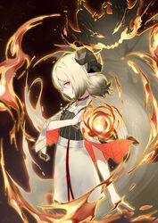  absurdres arknights black_choker black_footwear black_shirt blonde_hair capelet chinese_commentary choker commentary_request demon demon_horns female fire from_side highres horns ifrit_(arknights) jiusan_naitang looking_at_viewer orange_eyes originium_arts_(arknights) profile shirt short_hair short_twintails sideways_glance skirt solo twintails upper_body white_capelet white_skirt 