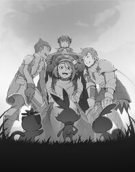  3boys alternate_costume armor boots breastplate buttons chainmail commentary female from_below gloria_(pokemon) gloves greyscale grookey hat highres hop_(pokemon) kazuko_(towa) leon_(pokemon) medieval monochrome multiple_boys open_mouth outdoors plaid_headwear plate_armor pointing pokemon pokemon_(creature) pokemon_swsh ribbon scorbunny short_hair shoulder_armor smile sobble standing starter_pokemon_trio teeth tongue upper_teeth_only victor_(pokemon) 