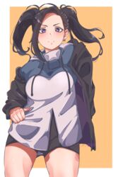  alternate_costume alternate_hairstyle artist_name black_hair boku_no_hero_academia closed_mouth cowboy_shot earrings female highres jewelry looking_at_viewer mikazuki_eru orange_background pose purple_eyes short_shorts shorts smile standing sweater twintails two-tone_background white_background yaoyorozu_momo 