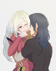  2girls absurdres biting biting_own_finger black_shirt blue_hair blush breasts byleth_(female)_(fire_emblem) byleth_(fire_emblem) collared_dress commentary_request couple dark_blue_hair dress edelgard_von_hresvelg embarrassed fire_emblem fire_emblem:_three_houses from_behind highres hug licking licking_another&#039;s_neck long_hair multiple_girls one_eye_closed open_mouth puffy_short_sleeves puffy_sleeves purple_eyes red_dress riromomo shirt short_sleeves side_ponytail sidelocks simple_background upper_body white_background white_hair yuri 