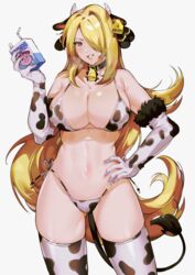  animal_ears animal_print bare_shoulders bell bikini black_collar blonde_hair breasts chariko cleavage collar commentary cow_ears cow_girl cow_print cow_print_bikini cow_tail cynthia_(pokemon) drinking_straw elbow_gloves english_commentary eyelashes female fur-trimmed_gloves fur_trim gloves grey_eyes hair_ornament hair_over_one_eye hand_on_own_hip hand_up holding_carton horns long_hair milk_carton navel neck_bell parted_lips pokemon pokemon_dppt print_bikini shiny_skin smile solo sparkle swimsuit tail thighhighs very_long_hair 