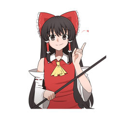  ascot bow brown_eyes brown_hair commentary detached_sleeves female gohei hair_tubes hairbow hakurei_reimu highres long_hair mata_(matasoup) parody red_bow red_shirt shirt sidelocks simple_background smile solo star_(symbol) style_parody takeuchi_takashi_(style) touhou upper_body white_background wide_sleeves yellow_ascot 