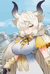  adeshi_(adeshi0693119) animal_ears black_horns breasts brown_eyes brown_ribbon closed_mouth commentary day dress extra_ears eyelashes female gloves grey_horns hair_between_eyes hair_over_one_eye half-closed_eye highres horns kemono_friends kemono_friends_3 large_breasts long_hair looking_at_viewer mountainous_horizon multicolored_horns neck_ribbon outdoors ox_ears ox_girl ox_horns ribbon seductive_smile shirt short_sleeves sidelocks smile solo twintails underbust upper_body very_long_hair white_dress yak_(kemono_friends) yellow_shirt 