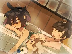  2boys bath bathing bathtub black_hair blush brown_hair bubble chinese_commentary closed_eyes commentary_request crossed_bangs florian_(pokemon) furret highres hugging_own_legs indoors kieran_(pokemon) male_focus mole mole_on_neck multiple_boys nude open_mouth paldean_wooper pokemon pokemon_(creature) pokemon_sv purple_hair same-sex_bathing shared_bathing sitting suikaels wet yellow_eyes 