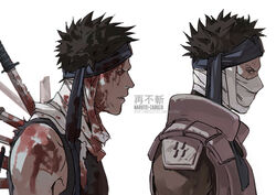  1boy bandages black_eyes black_hair blood blood_on_bandages blood_on_clothes blood_on_face blood_on_weapon broken broken_sword broken_weapon character_name character_profile commentary english_commentary fisher903 forehead_protector male_focus momochi_zabuza naruto naruto_(series) ninja open_mouth reference_sheet short_hair simple_background solo spiked_hair stab sword v-shaped_eyebrows vest weapon white_background 