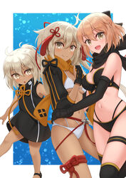  3girls absurdres ahoge bare_shoulders bikini black_bikini black_bow black_gloves black_jacket black_scarf black_thighhighs blonde_hair blush bow breasts cleavage cropped_jacket dark-skinned_female dark_skin elbow_gloves fate/grand_order fate_(series) gloves grey_eyes hairbow half_updo highleg highleg_bikini highres jacket large_breasts layered_bikini long_hair long_sleeves looking_at_viewer matsuba_moco medium_breasts multiple_girls navel okita_j._souji_(fate) okita_j._souji_(first_ascension)_(fate) okita_souji_(fate) okita_souji_alter_(swimsuit_saber)_(fate) okita_souji_alter_(swimsuit_saber)_(first_ascension)_(fate) open_mouth orange_scarf ponytail rengoku_(fate) rengoku_(first_ascension)_(fate) scarf short_hair shrug_(clothing) single_glove smile swimsuit tassel thigh_strap thighhighs thighs very_long_hair white_bikini white_hair wristband yellow_eyes 