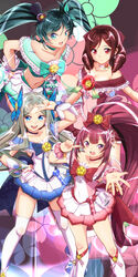  4girls absurdres adapted_costume alternate_color alternate_costume alternate_hairstyle anchor asakaze_(kancolle) blue_background blue_bow blue_choker blue_eyes blue_skirt blush boots bow brown_hair choker cosplay crop_top cure_blossom cure_blossom_(cosplay) cure_marine cure_marine_(cosplay) cure_sunshine cure_sunshine_(cosplay) dated dress drill_hair floral_background flower_brooch forehead full_body gift gradient_background green_skirt hair_ornament hairbow harukaze_(kancolle) hat heartcatch_precure! high_heel_boots high_heels high_ponytail highres kamikaze_(kancolle) kantai_collection kneehighs light_brown_hair long_hair magical_girl matsukaze_(kancolle) mini_hat moke_ro multiple_girls oil-paper_umbrella open_mouth outstretched_arm pink_background pink_choker pink_dress precure purple_bow purple_eyes purple_footwear purple_hair red_bow red_dress red_eyes shiny_tambourine_(heartcatch_precure!) short_sleeves skirt smile socks thigh_boots thighhighs tilted_headwear twin_drills twintails twitter_username two-tone_dress umbrella unofficial_precure_costume very_long_hair white_dress white_legwear 