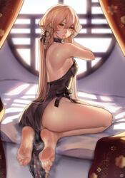  absurdres armpit_crease ass back backless_dress backless_outfit bare_legs bare_shoulders barefoot black_bow black_dress black_ribbon blonde_hair blurry blurry_background blush bow breasts closed_mouth commentary commission curtains depth_of_field dress english_commentary eyelashes feet female foot_focus from_behind full_body girls&#039;_frontline gold_trim greek_toe hair_between_eyes hair_ribbon hair_tie hair_tie_in_mouth highres indoors legs long_hair looking_at_viewer looking_back medium_breasts mouth_hold nikishiko official_alternate_costume on_bed ots-14_(girls&#039;_frontline) pixiv_commission ribbon round_window seiza shadow shiny_skin side_slit sideboob sidelocks sitting smell soles solo steaming_body sweatdrop thighs toes tying_hair very_long_hair window yellow_eyes 