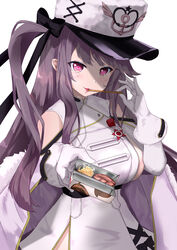  absurdres azur_lane black_hair blush breasts detached_sleeves female food gloves hat highres large_breasts long_hair long_sleeves looking_at_viewer medal pamiat_merkuria_(azur_lane) pamiat_merkuria_(retrofit)_(azur_lane) purple_eyes sideboob simple_background solo white_background white_hat yuzu_minari 