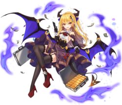  :d ark_order banknote black_corset black_gloves black_thighhighs blonde_hair blue_bow bow briefcase cape card center_frills corset credit_card dango_remi demon_girl demon_horns demon_tail demon_wings dollar_bill dollar_hair_ornament dollar_sign elbow_gloves female flat_chest frills full_body garter_straps gloves gold_bar hair_ornament hairbow high_heels holding holding_card horns lace-trimmed_legwear lace_trim long_hair looking_at_viewer mammon_(ark_order) money official_art open_mouth pointy_ears purple_cape purple_skirt red_bow red_footwear shirt shoes skirt sleeveless sleeveless_shirt smile solo suitcase tachi-e tail thighhighs transparent_background variant_set very_long_hair white_shirt wings yellow_eyes 