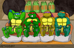  2011 angry anthro armband bandage bandana blue_armband blue_bandanna blue_kerchief blue_legband copyright_symbol crossed_arms donatello_(tmnt) feet foot_focus green_body green_scales group hands_behind_back inside kerchief leonardo_(tmnt) male michelangelo_(tmnt) orange_armband orange_bandanna orange_kerchief orange_legband pillow purple_armband purple_bandanna purple_kerchief purple_legband raphael_(tmnt) red_armband red_bandanna red_kerchief red_legband rthur scales sheepish_smile signature sitting smile symbol teenage_mutant_ninja_turtles website_url wounded yellow_body yellow_scales 