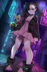  alley bare_legs black_footwear black_jacket boots dress dusk_ball female full_body green_eyes highres holding holding_poke_ball ippers jacket marnie_(pokemon) morpeko morpeko_(full) neon_lights pink_dress poke_ball pokemon pokemon_(creature) pokemon_swsh twintails 