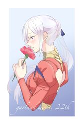  back_cutout blue_background blue_ribbon blush carnation clothing_cutout collared_dress commentary_request dress edelgard_von_hresvelg english_text female fire_emblem fire_emblem:_three_houses flower framed from_side gradient_background hair_ribbon hand_up heart_cutout highres holding holding_flower jewelry light_smile long_sleeves looking_away parted_lips profile puffy_long_sleeves puffy_sleeves purple_eyes red_carnation red_dress red_flower ribbon ring riromomo side_ponytail sidelocks simple_background smelling_flower solo sparkle upper_body white_hair 