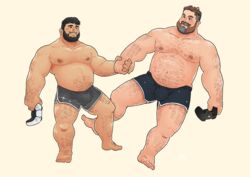  2boys absurdres arm_hair bara big_belly black_shorts bulge chest_hair controller couple dolphin_shorts eye_contact facial_hair floating foot_hair full_body hahasthund hairy hand_hair highres holding_hands joystick knuckle_hair large_pectorals leg_hair looking_at_another male_focus mature_male moustache multiple_boys muscular muscular_male navel navel_hair nipples original pectorals plump short_hair short_shorts shorts simple_background sparse_navel_hair star_(sky) stomach thick_eyebrows thick_mustache thick_thighs thighs topless_male yaoi 