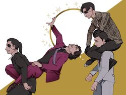  4boys aged_down aged_up black_hair black_jacket black_pants brown_footwear circle clenched_teeth english_commentary enokido grey_jacket grey_pants highres jacket kiryu_kazuma majima_goro multiple_boys necktie nishitani_homare pants ponytail purple_necktie red_jacket red_shirt ryuu_ga_gotoku ryuu_ga_gotoku_(series) ryuu_ga_gotoku_0 ryuu_ga_gotoku_1 ryuu_ga_gotoku_kiwami shirt shoes sitting sitting_on_person socks sparkle teeth 