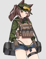  absurdres animal_ears blue_shorts brown_hair callisto_(greyeth) camouflage camouflage_headwear chest_rig commission denim denim_shorts digital_camouflage female fox_ears fox_girl gar32 green_headwear green_jacket green_panties grey_background highres jacket looking_at_viewer magazine_(weapon) original panties presenting shorts smile solo underwear 