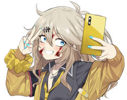  antenna_hair aqua_nails black_shirt blood blood_on_face blue_eyes blush brown_hair cardigan cellphone collared_shirt commentary crazy crazy_eyes female fingernails grin hair_ornament hairclip holding holding_phone jewelry kasukabe_tsumugi long_finger long_hair long_sleeves looking_at_viewer magatama magatama_necklace mole mole_under_eye necklace necktie off_shoulder one_side_up open_cardigan open_clothes phone popped_collar scrunchie selfie shirt simple_background smartphone smile solo taking_picture upper_body v voicevox wavy_hair white_background wide-eyed wrist_scrunchie yappen yellow_cardigan yellow_necktie yellow_scrunchie 