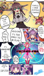  akai_haato aki_rosenthal aki_rosenthal_(1st_costume) blush english_text flapping flying glowing gundam gundam_00 hat hololive houshou_marine long_hair maid maid_headdress minato_aqua minato_aqua_(1st_costume) mixed-language_commentary multiple_girls natsuiro_matsuri natsuiro_matsuri_(casual) parody thighhighs tokoyami_towa trans-am twintails typo virtual_youtuber zero130 