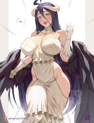  :d ahoge albedo_(overlord) artist_logo artist_name arttoru bare_hips bare_shoulders black_feathers black_hair black_wings blush breasts cleavage collarbone cowboy_shot demon_girl demon_horns demon_wings dress elbow_gloves feathered_wings feathers female gloves hair_between_eyes highres hip_vent horns huge_breasts long_hair looking_at_viewer low_horns low_wings open_mouth overlord_(maruyama) patreon_username simple_background slit_pupils smile solo thighs very_long_hair white_dress white_gloves white_horns wings yellow_eyes 