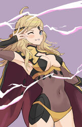  ahoge blonde_hair blue_eyes breasts bridal_gauntlets circlet female fire_emblem fire_emblem_fates lightning long_hair looking_at_viewer medium_breasts navel one_eye_closed ophelia_(fire_emblem) solo spiffydc turtleneck upper_body 