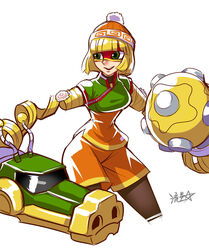  :d arms_(game) beanie blonde_hair bob_cut breasts brown_pantyhose cannon chinese_clothes cropped_legs eye_mask female food green_eyes hat highres kamaboko meandros medium_breasts medium_hair min_min_(arms) narutomaki open_mouth orange_hat orange_shorts pantyhose ryuusei_(mark_ii) shorts signature simple_background smile solo standing super_smash_bros. white_background 