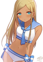  :o alternate_costume aqua_eyes ascot blonde_hair blue_ascot blue_sailor_collar blush breasts dark-skinned_female dark_skin female highres idolmaster idolmaster_cinderella_girls layla_(idolmaster) long_hair looking_at_viewer mmmakaron888 parted_bangs sailor_bikini sailor_collar sailor_swimsuit_(idolmaster) signature simple_background small_breasts solo stomach straight_hair thighhighs very_long_hair white_background 