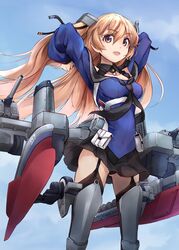  adapted_turret arms_behind_head bag black_gloves black_panties black_skirt black_thighhighs blue_shirt blue_sky breasts brown_eyes cannon cleavage cloud cloudy_sky cowboy_shot female from_below garter_straps gloves highres johnston_(kancolle) kantai_collection light_brown_hair long_hair looking_at_viewer machinery medium_breasts minosu off_shoulder open_mouth outdoors panties pleated_skirt sailor_collar school_uniform serafuku shin_guards shirt single_glove skirt sky smile smokestack solo thighhighs turret two_side_up underwear united_states_medal_of_honor 