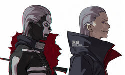  1boy akatsuki_uniform blood blood_on_weapon character_name character_profile cloak closed_mouth dark-skinned_male dark_skin fisher903 forehead forehead_protector grey_hair hidan_(naruto) male_focus naruto_(series) naruto_shippuuden ninja polearm purple_eyes reference_sheet simple_background smile solo spear stab torn_cloak torn_clothes weapon white_background 