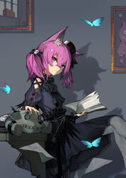  absurdres animal_ears arknights black_dress blue_butterfly book bug butterfly clay_(clayjun) closed_mouth corrupted_metadata doll dress female fox_ears fox_girl gothic_lolita hat highres holding holding_book lolita_fashion morte_(arknights) official_alternate_costume pantyhose purple_eyes purple_hair shamare_(arknights) shamare_(echo_of_the_horrorlair)_(arknights) solo twintails 