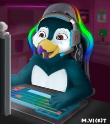  among_us anthro avian beak bird colored computer computer_keyboard digital_drawing_(artwork) digital_media_(artwork) electronics gaming gaming_chair headgear headphones headset hi_res innersloth male mousepad mvikt penguin rgb_lighting smile solo 