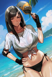  beach bikini bikini_under_clothes black_bikini black_hair blue_sky blurry blurry_background breasts commentary_request crop_top elbow_pads female final_fantasy final_fantasy_vii final_fantasy_vii_ever_crisis fingerless_gloves front-tie_top gloves hand_on_own_hip hat highres mountainous_horizon ocean official_alternate_costume palm_tree see-through see-through_shirt sgk shirt side-tie_bikini_bottom single_elbow_pad sky smile solo swimsuit teardrop_earrings thigh_gap tifa_lockhart tifa_lockhart_(lifeguard) tree unworn_headwear wet wet_clothes wet_shirt whistle whistle_around_neck 