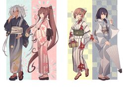  4girls basket black_hair black_nails breasts brown_hair dark-skinned_female dark_skin floral_print full_body glasses green_eyes grey_hair hair_between_eyes hair_ornament heart highres holding holding_umbrella japanese_clothes kantai_collection kasumi_(skchkko) kimono long_hair long_sleeves multiple_girls musashi_(kancolle) musashi_kai_ni_(kancolle) mutsu_(kancolle) nagato_(kancolle) nail_polish obi obidome obijime oil-paper_umbrella one_eye_closed parted_lips ponytail red_eyes sash short_hair simple_background smile twintails umbrella wide_sleeves yamato_(kancolle) yukata 