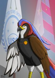  2023 absurd_res avian avian_feet biped bipedal_feral bird blue_body blue_feathers brown_body brown_feathers clothed clothed_feral clothing dash_(pandora&#039;s_war) digital_media_(artwork) feathered_wings feathers female feral hair hi_res huge_filesize leila_dashira_west multicolored_body multicolored_feathers multicolored_hair pandora&#039;s_war partially_clothed portrait shaded signature solo tem_deker three-quarter_portrait wings 