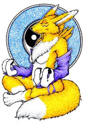  5hape5hifter anthro bandai_namco breasts canid canine closed_eyes clothing digimon digimon_(species) female fur gloves gloves_(marking) handwear leg_markings mammal markings meditating meditation renamon small_breasts socks_(marking) solo tuft yellow_body yellow_fur yin_yang 