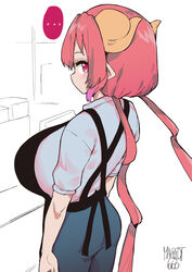  ... absurdres apron artist_name ass black_apron blue_pants breasts commentary criss-cross_back-straps curvy dragon_girl dragon_horns female from_behind gradient_hair highres horns huge_breasts ilulu_(maidragon) kobayashi-san_chi_no_maidragon long_hair looking_at_viewer low_twintails multicolored_hair norman_maggot pants pink_hair pointy_ears red_eyes red_hair shirt shortstack sideways_glance simple_background slit_pupils solo spoken_ellipsis standing twintails two-tone_hair very_long_hair white_background white_shirt 