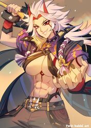  :d abs arataki_itto bakki belt black_nails black_pants body_markings breasts brown_eyes cleavage club_(weapon) commentary earrings english_commentary female fingernails genderswap_(mtf) genshin_impact grin holding holding_club holding_weapon horns jewelry kanabou large_breasts long_hair looking_at_viewer muscular muscular_female navel oni open_mouth over_shoulder pants red_horns rope rule_63 sharp_fingernails shimenawa short_sleeves sidelocks simple_background smile solo stomach tattoo twitter_username underboob v-shaped_eyebrows vision_(genshin_impact) weapon weapon_over_shoulder white_hair yellow_background 