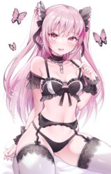  adapted_costume animal bare_shoulders bed_sheet black_bra black_choker black_panties blush bow bow_bra bow_panties bra breasts bug butterfly choker collarbone commentary_request cpqm earrings female garter_belt hand_up highres hololive jewelry lifting_own_clothes long_hair looking_at_viewer oerba_yun_fang official_alternate_costume open_mouth panties pink_hair red_eyes skull_earrings small_breasts solo strap_lift thighhighs twitter_username two_side_up underwear underwear_only uruha_rushia uruha_rushia_(3rd_costume) very_long_hair virtual_youtuber white_background white_thighhighs 