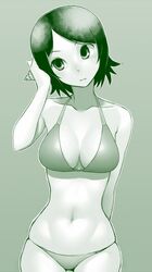  bikini breasts closed_mouth cowboy_shot female gishu green_background green_theme halterneck head_tilt highres hitou_nami holding holding_shell large_breasts monochrome sayonara_zetsubou_sensei seashell shell short_hair simple_background skindentation solo standing swimsuit 