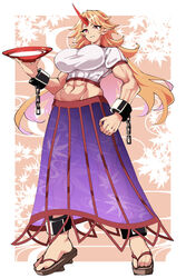  abs absurdres alcohol blonde_hair border breasts commentary_request crop_top cropped_shirt cuffs cup female fugaku_(miko_no_miyatsuguchi) full_body geta highres holding holding_cup horns hoshiguma_yuugi large_breasts leaf leaf_background long_hair long_skirt looking_at_viewer midriff muscular muscular_female navel oni oni_horns pointy_ears red_eyes sakazuki sake see-through see-through_skirt shackles short_sleeves single_horn skirt solo star_(symbol) touhou white_border 