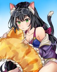  akaneya-ya animal_ear_fluff animal_ears bad_id bad_pixiv_id bare_shoulders bikini bikini_top_only black_hair blue_background blue_bikini blush bow cat_ears cat_girl cat_tail closed_mouth commentary cowboy_shot day eyewear_on_head female gradient_background green_eyes hairbow innertube karyl_(princess_connect!) karyl_(summer)_(princess_connect!) long_hair looking_at_viewer low-tied_long_hair multicolored_hair off_shoulder outdoors pout princess_connect! purple_bow short_shorts shorts sidelocks sitting sky solo streaked_hair sunglasses swim_ring swimsuit tail tearing_up white_shorts 