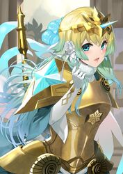  armor blonde_hair blue_eyes blue_hair breastplate commentary_request earrings elbow_gloves female fire_emblem fire_emblem_heroes fjorm_(fire_emblem) fjorm_(ice_ascendant)_(fire_emblem) flower full_body fur_collar gloves hair_between_eyes hair_flower hair_ornament hand_up headpiece highres jewelry long_hair long_sleeves looking_at_viewer open_mouth pauldrons rose shoulder_armor solo spikes very_long_hair white_flower white_gloves white_rose wide_sleeves yappen 