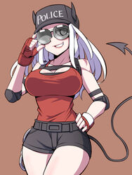  alternate_costume baseball_cap breasts clothes_writing commentary_request cuffs demon_girl demon_horns demon_tail elbow_pads english_text eyes_visible_through_eyewear female fingerless_gloves gloves hand_on_own_hip handcuffs hat helltaker highres horns horns_through_headwear jin_(mugenjin) justice_(helltaker) large_breasts long_hair long_tail looking_at_viewer red_shirt shirt shorts simple_background sleeveless sleeveless_shirt smile solo sunglasses tail tank_top white_hair 