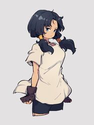  bike_shorts black_hair blue_eyes brown_gloves closed_mouth commentary_request dragon_ball dragon_ball_z female fingerless_gloves gloves grey_background kemachiku looking_at_viewer medium_hair shirt simple_background solo t-shirt twintails videl white_shirt 